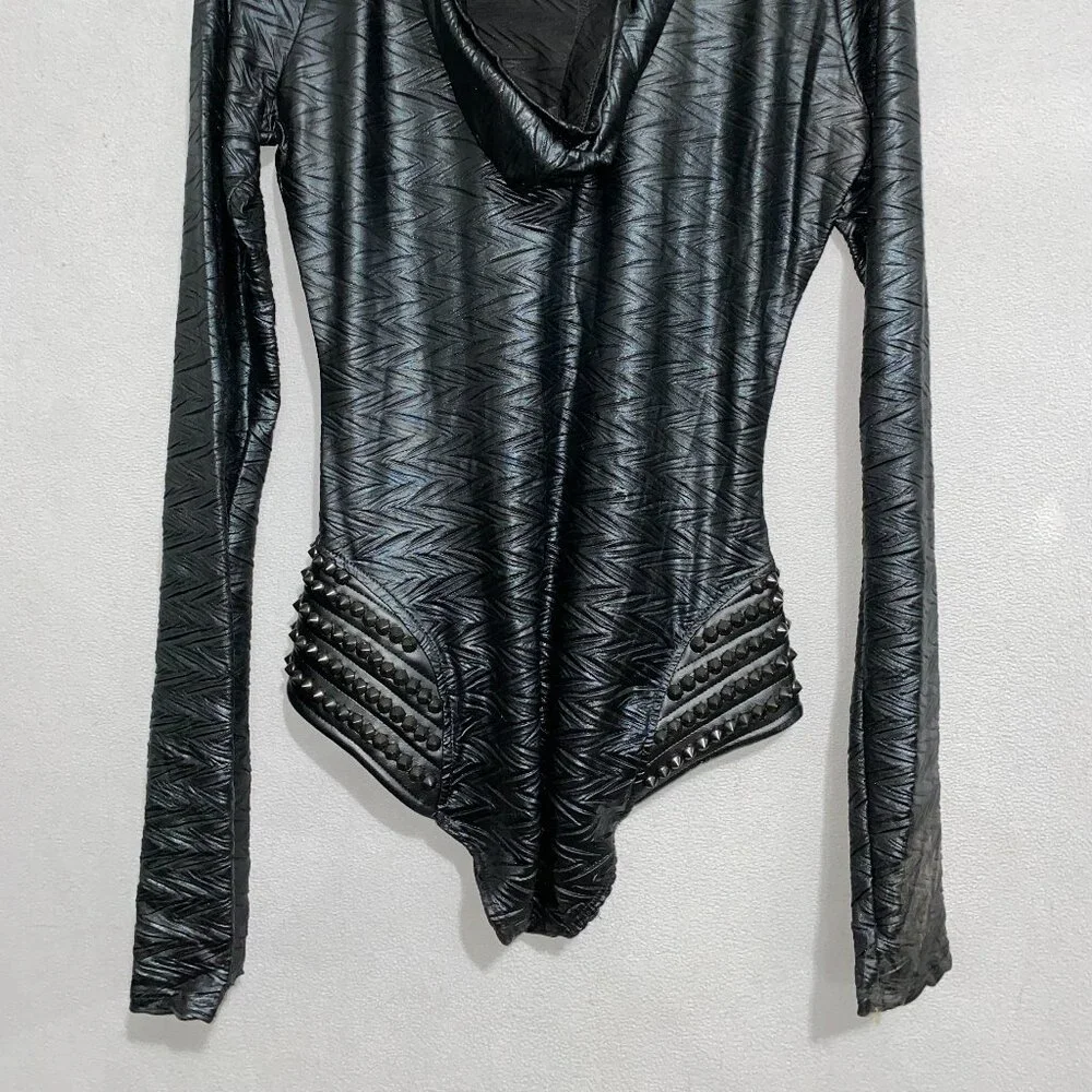 Ivy Layne Studded Black Hooded Bodysuit M/L Made in USA Edgy Zip Front - Picture 4 of 7